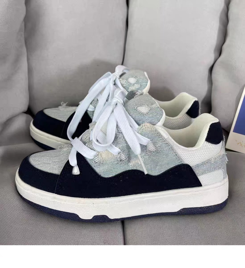 Kinesisk Puchic tvättad denim med hål, brödskor i distressed stil, nischade studentmockaskridskor_voghion.com