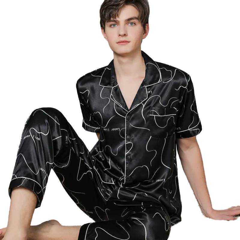 Pajamas Men's Summer Ice Silk Thin plus Size Short-Sleeved Trousers Home Wear Korean Style Young Men's New 2021_voghion.com