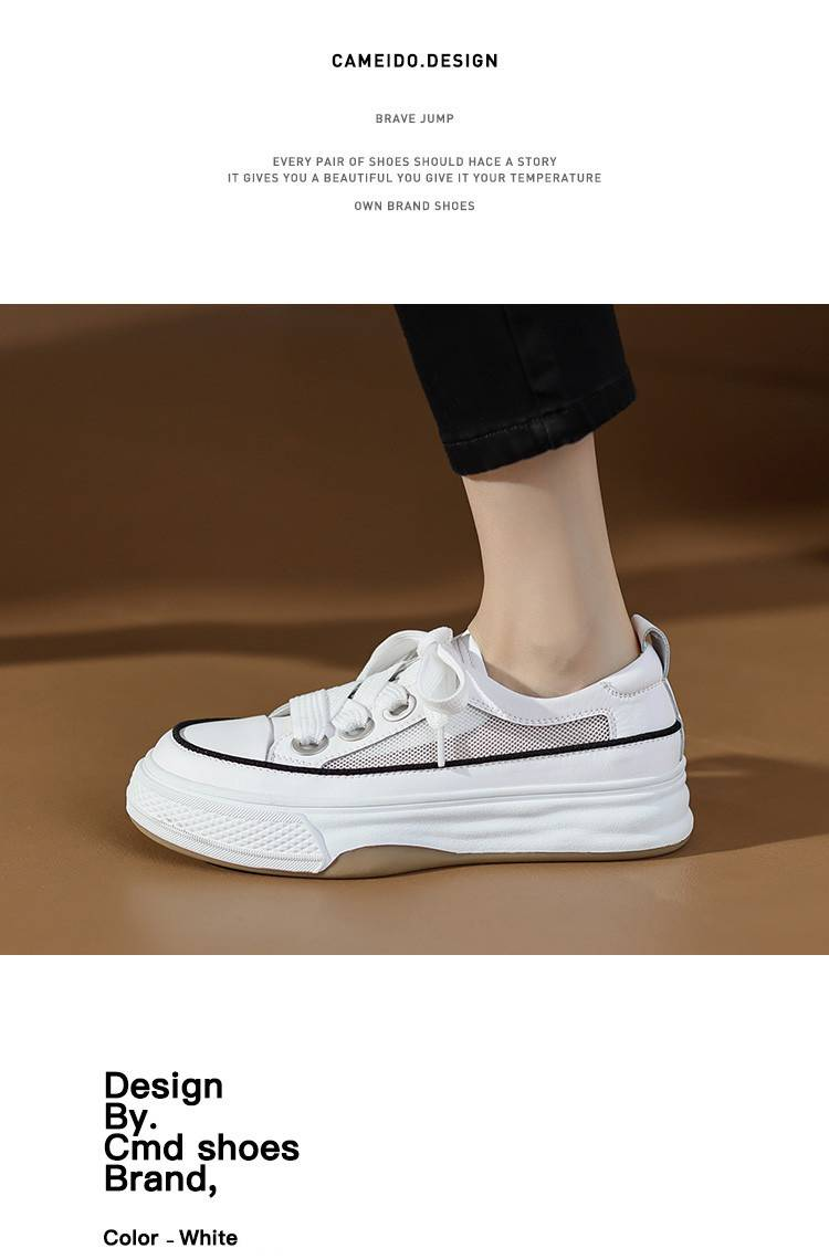 cameido Women's Versatile Lace - Up Flat Casual Shoes With White Mesh Upper, Thick Sole And Skate - Shoe Style_voghion.com