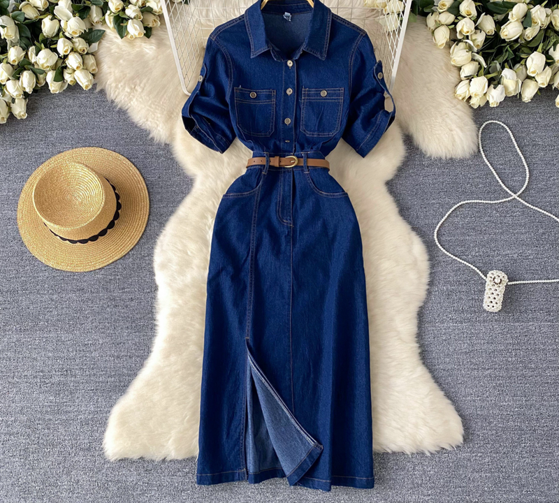 Γυναικεία Ρούχα Φόρεμα Denim με Πόλο και Γιακά, Καλοκαιρινό, Ζώνη με Σχέδιο, Μακριά Φούστα, Εξειδίκευση_voghion.com