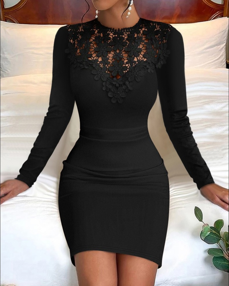 Abbigliamento donna autunno e inverno, abito a maniche lunghe in pizzo con scollo rotondo e vita che copre i fianchi, abbigliamento donna_voghion.com