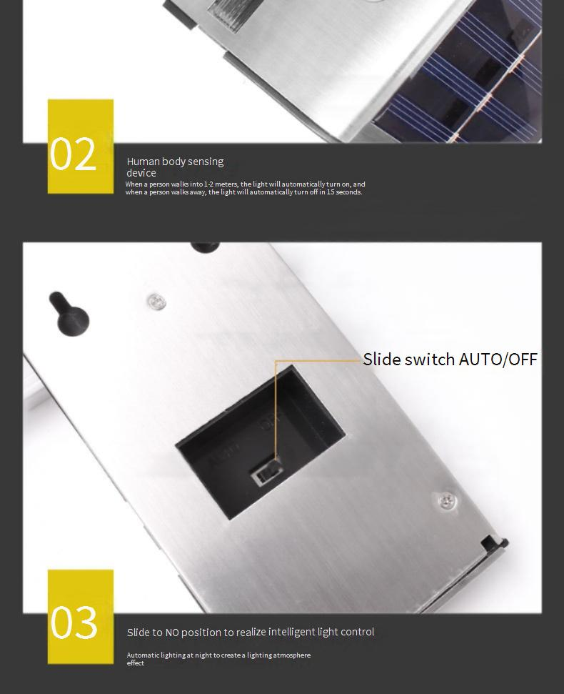 Lámpara solar de pared para exteriores, de acero inoxidable, impermeable, con sensor de movimiento, para patio, jardín y villa (luz blanca/cálida, LED, certificación CE)_voghion.com