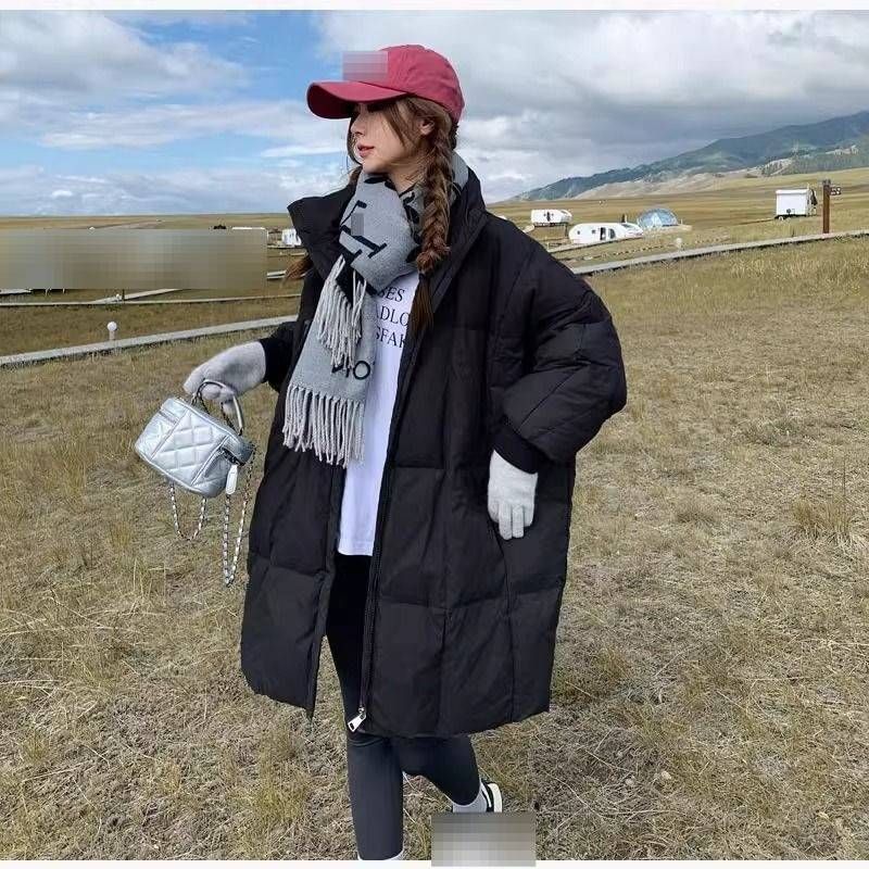 Women's Winter Down Cotton Coat, Thickened Long Puffer Jacket, Korean Style Loose Fit Stand Collar Outerwear With Pockets (Black, Khaki, Gray)_voghion.com