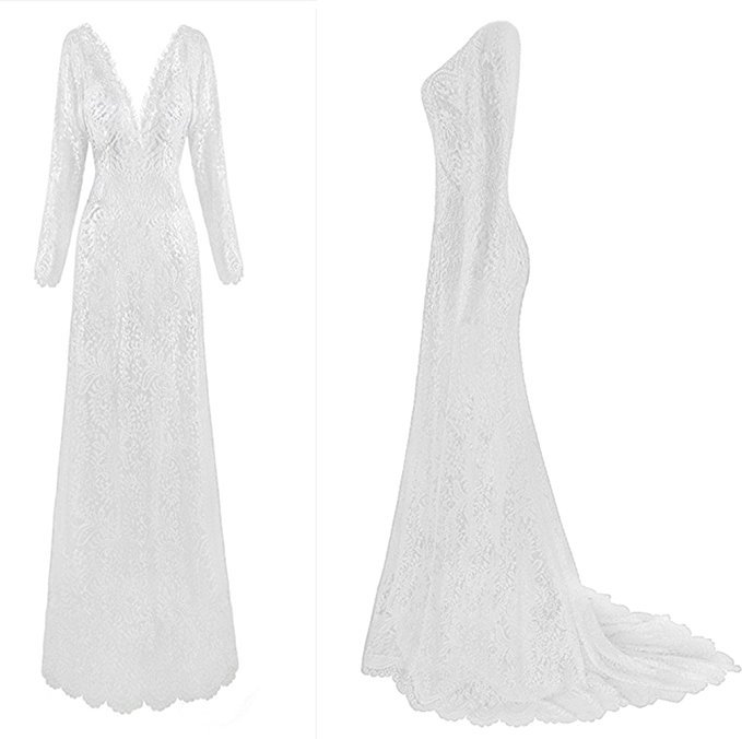 Abito da sera elegante in pizzo con scollo a V e maniche lunghe da donna, con scollatura profonda sulla schiena, lungo fino a terra, romantico e chic per una serata fuori_voghion.com