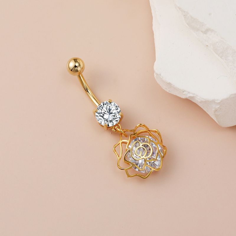 Piercing per ombelico a forma di fiore - Gioielli per il corpo in zirconia cubica, design di moda di nicchia (acciaio chirurgico 316L, 14G/16G, ipoallergenico)_voghion.com