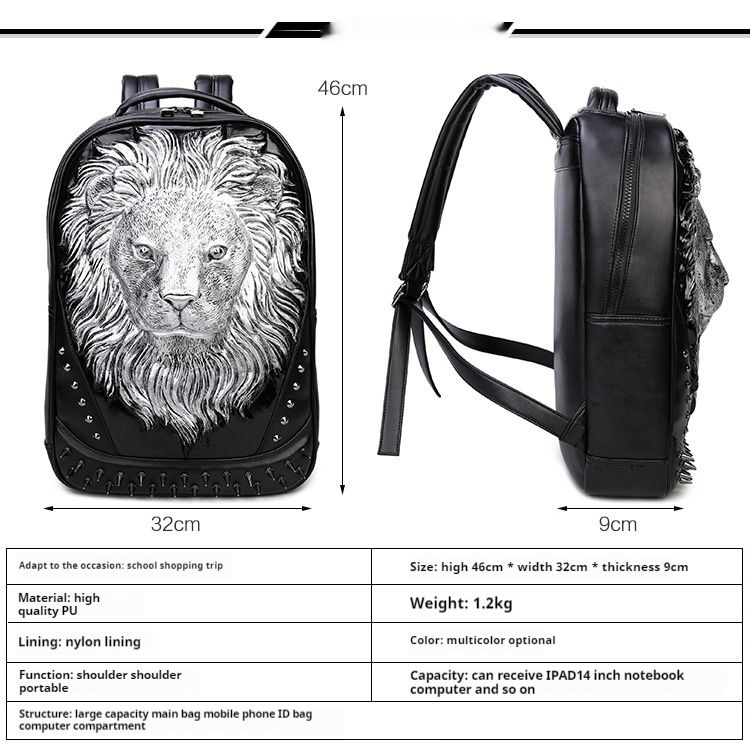 Borsa in pelle PU, zaino multifunzionale per studenti, zaino 3D, borsa da viaggio per computer, borsa con testa di leone maschio e femmina_voghion.com
