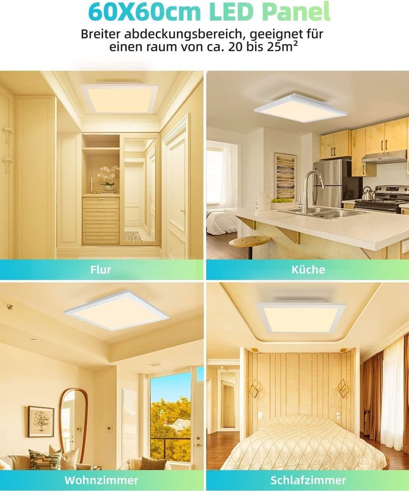 Glitzerlife LED Deckenleuchte Wohnzimmer Weiß Panel Flach 60*60CM 40W Rechteckig Deckenlampe 3000K_voghion.com