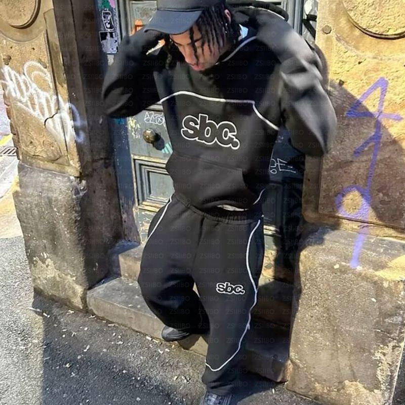 Herrenbekleidung Herren Hip Hop Streetwear Hoodie & Jogger Set mit Buchstabendruck - Trendy Oversized Pullover mit Kapuze und Hose für urbane Mode_voghion.com
