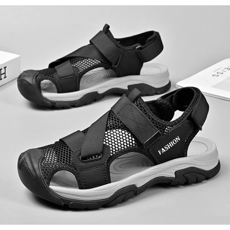 2024 Summer Men's Large Size Sandals Outdoor Beach Shoes Velcro Toe Sandals Head Layer Leather Breathable Casual Shoes_voghion.com
