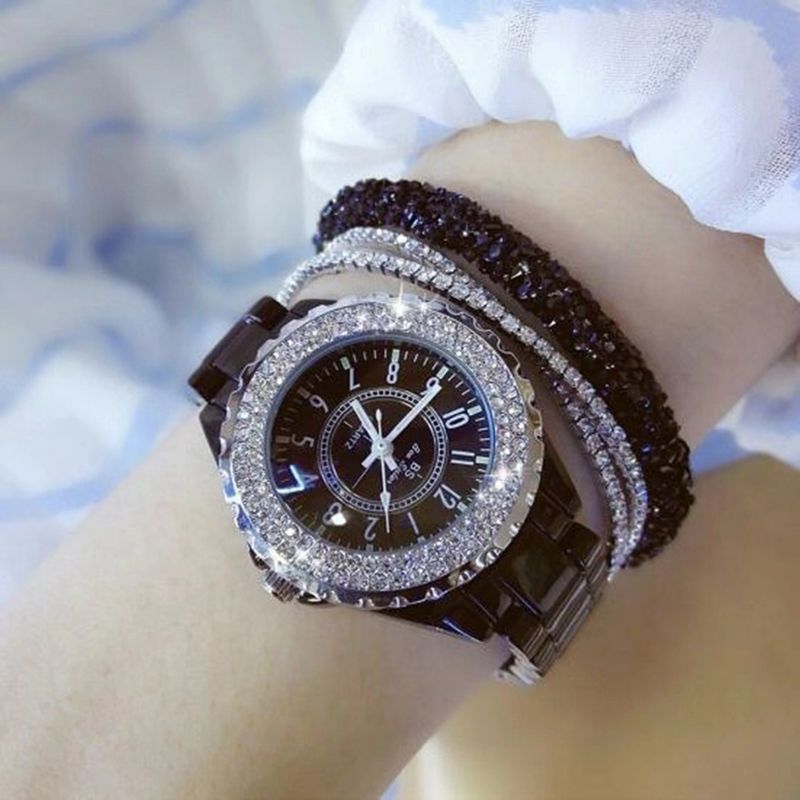 Yamaler elegante diamantes de imitación cerámica banda mujeres redondo analógico cuarzo reloj de pulsera regalo_voghion.com