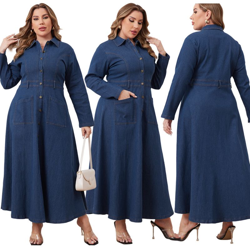 Damenbekleidung Große Größen Damenbekleidung Denim Revers Langärmliges offenes Brustkleid_voghion.com