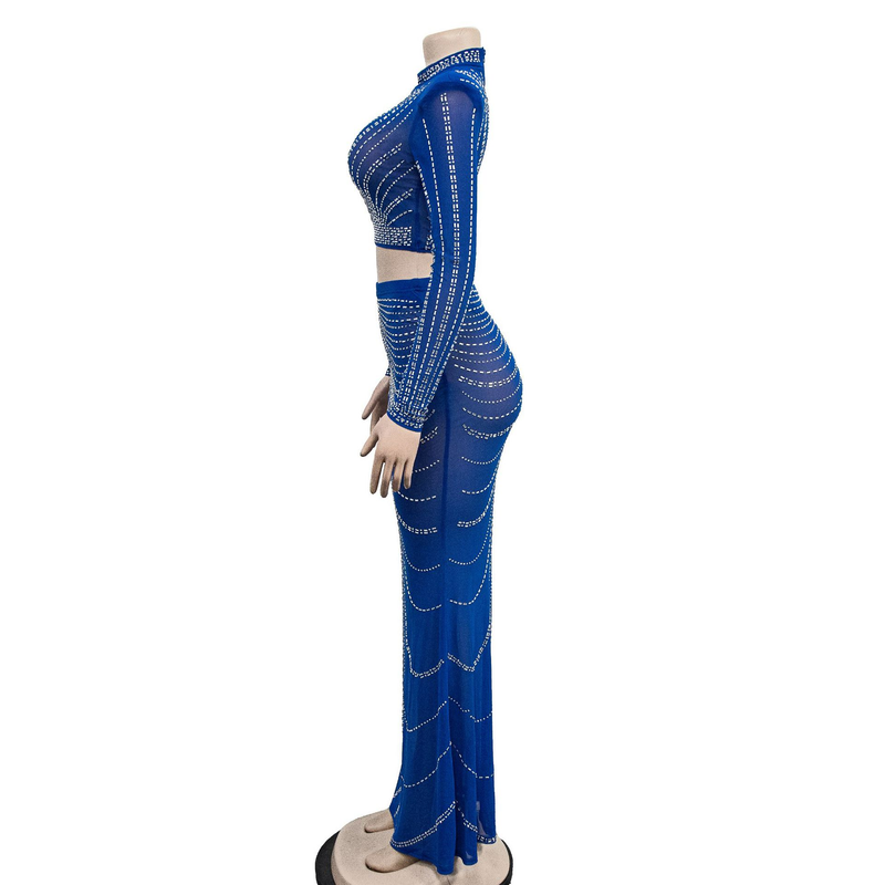Kadın Giyim Mesh Mesh See Through Uzun Kollu Uzun Etek İki Parça Set_voghion.com