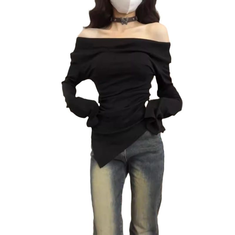 Plus Size Fashion Vielseitiges unregelmäßiges schulterfreies Oberteil Herbst Neues Pure Desire Style Schlankmachendes Langarm-Basishemd_voghion.com