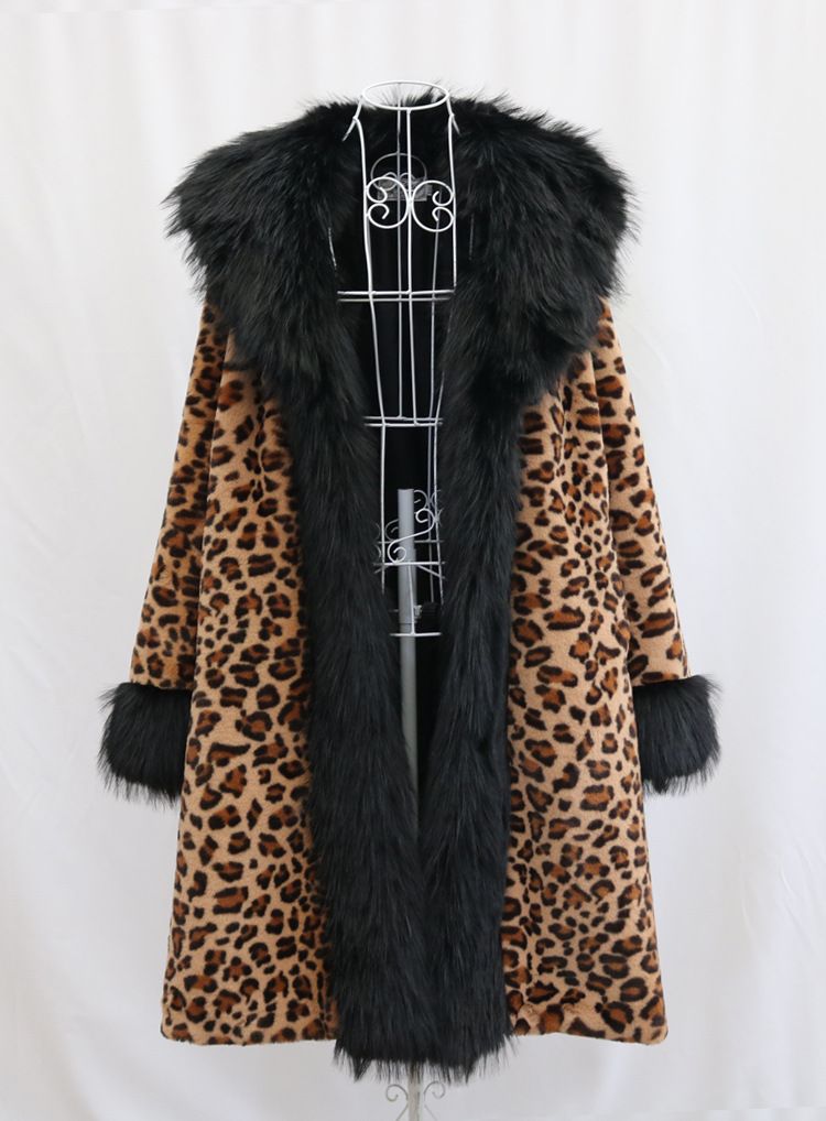 Women's Clothing Leopard Fur Coat Long Mink Coat Fox Fur Large Fur Collar Winter Warm Windbreaker Loose Large Size_voghion.com