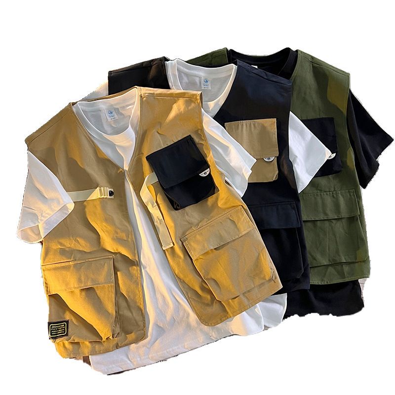 Retro functioneel tactisch vest voor heren, mouwloos hemd voor heren, werkjas_voghion.com