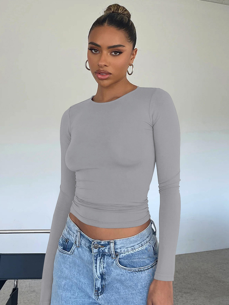 Women's fashion Y2K tight casual long-sleeved breathable base shirt all-in-one wear moisture wadding sweat T-shirt_voghion.com