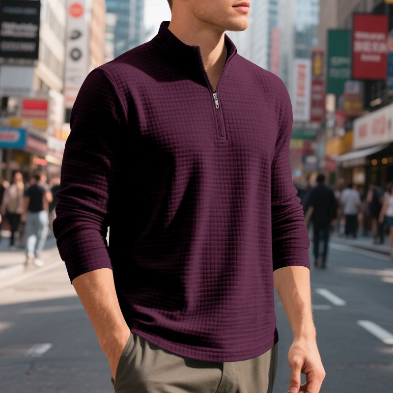 Men's Casual Pullover Sweatshirt With Jacquard Design, Stand Collar & Half-Zip, Loose Fit, Autumn/Winter Essential_voghion.com