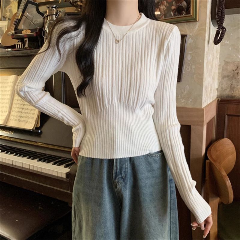 Unique slim fit round neck base for women's autumn and winter 2023 new high-end style sweater with long sleeved knit top_voghion.com