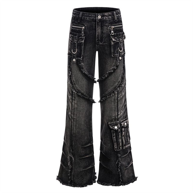 Men's Deconstructed Workwear Jeans - Raw Hem Bootcut Pants With Lace-Up Detail (Charcoal, S-3XL)_voghion.com