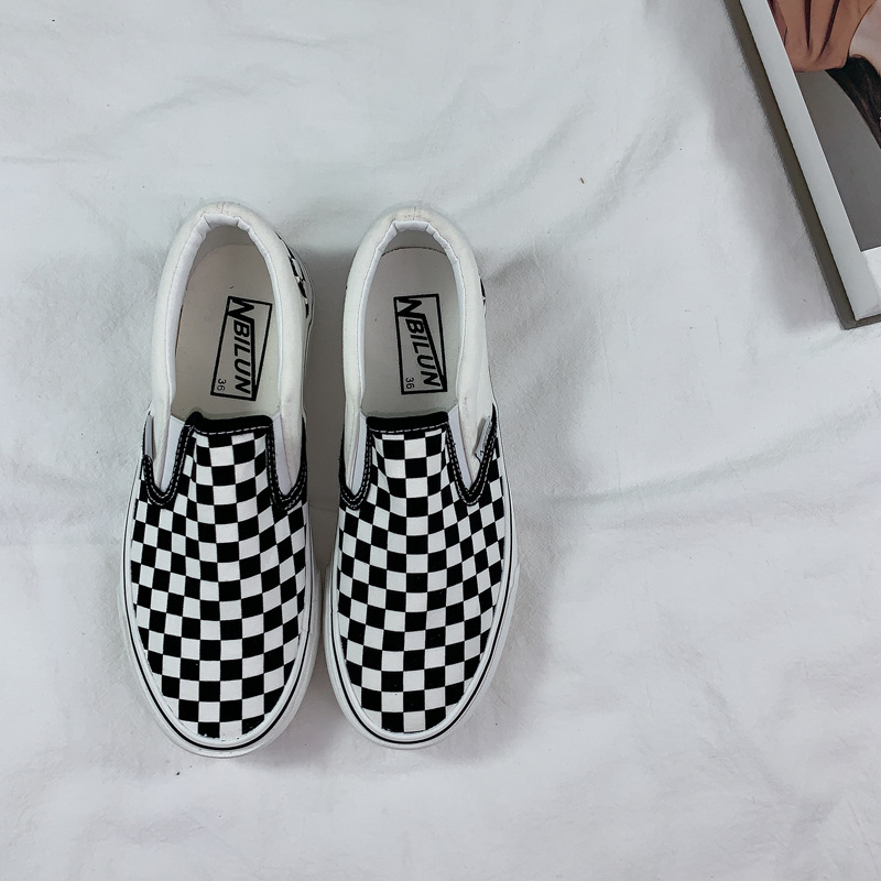 Primavera nuove scarpe di tela a scacchiera da donna coreana con suola spessa Slip On Lazy Ryan Vulcanizzato Skateboard_voghion.com