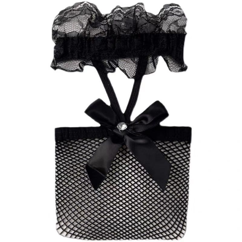 Schwarzes Strumpfband, sexy Spitzen-Beinring, Schleife, Overknee-Fischnetz, ultradünne JK-weiße Oberschenkelstrümpfe für Damen_voghion.com
