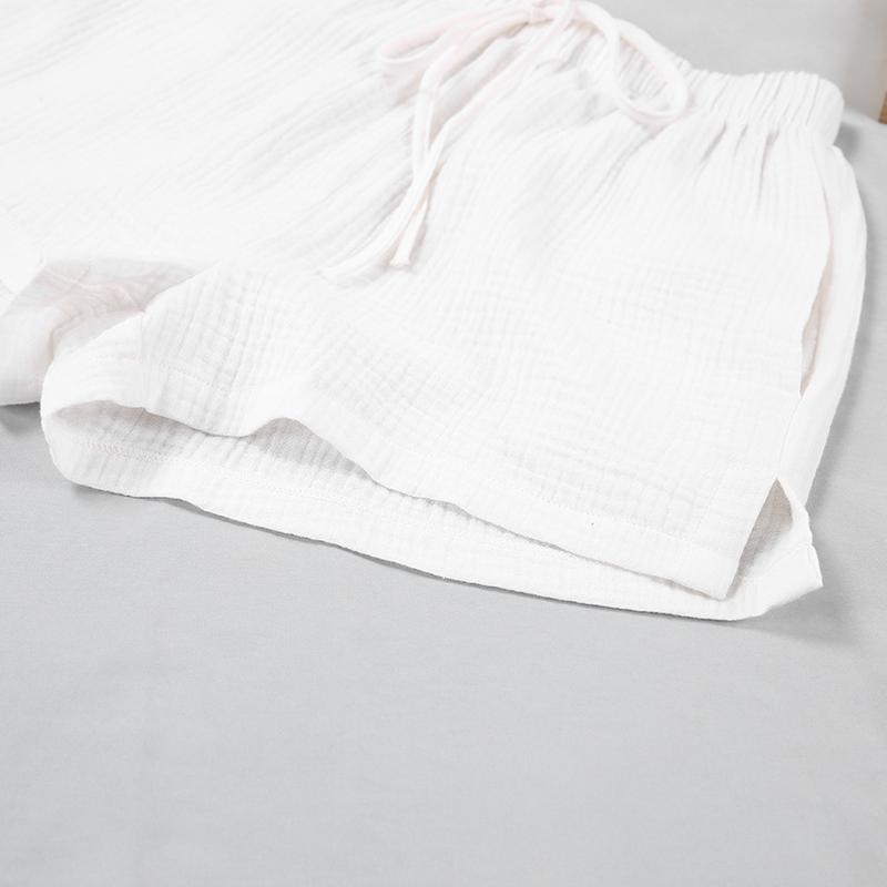 Damen-Pyjama, doppelte Gaze, langärmelig, Shorts, Baumwolle, Klimaanlage, Kleidung, modisch, weiß, Damen-Hauskleidungsset_voghion.com