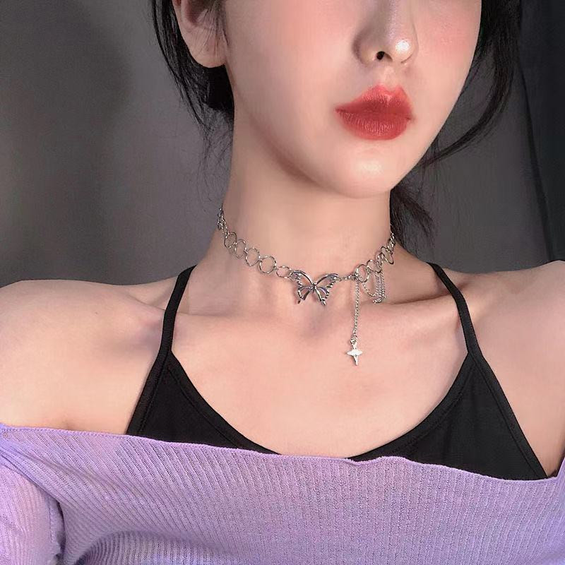 Collier simple avec pendentif papillon et pompon hip-hop adapté aux femmes, aux adolescentes, aux filles, au punk, à la mode quotidienne pour les fêtes_voghion.com