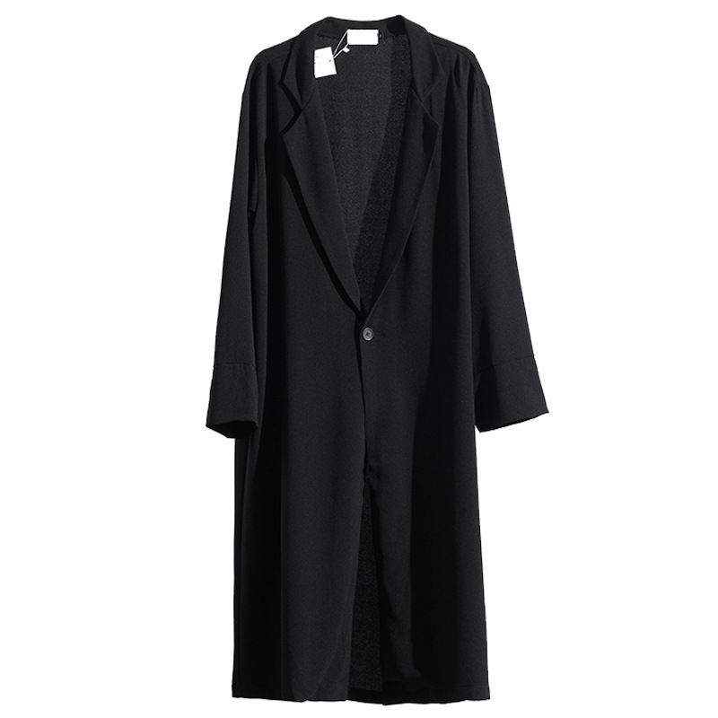 Man's clothing Trench coat men's long spring and autumn thin personality hip hop dark tie thin coat black top_voghion.com