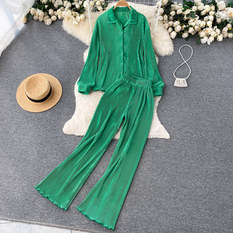 Elegant zweedeelegt Kostüm fir Fraen, Summermoud, modesch laangärmlech Hemdtop, 1-Taille-Drapéierung Casual Hosen_voghion.com