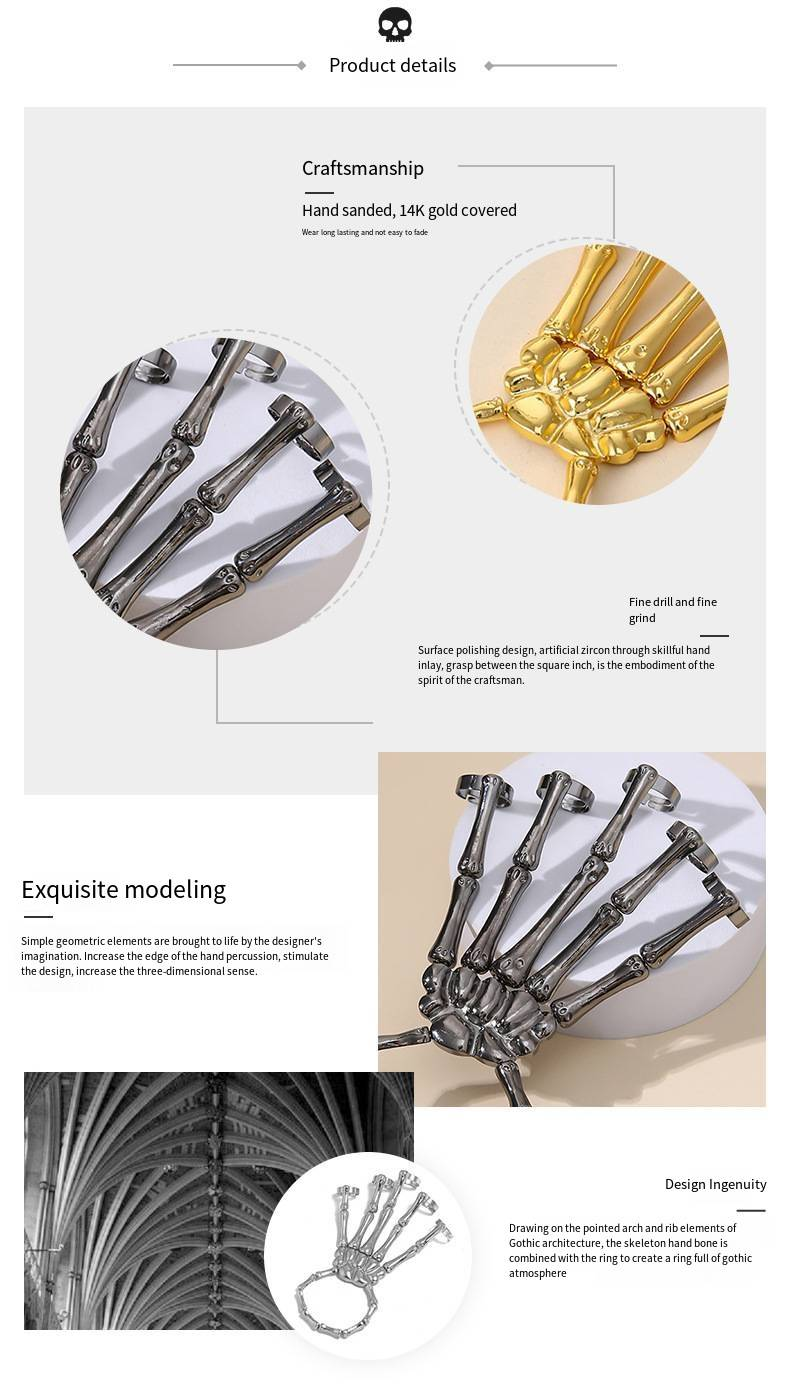 Nuovo anello e bracciale con osso di teschio punk alla moda e unici con catena regolabile_voghion.com