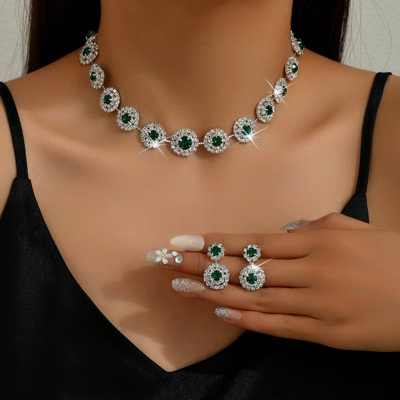 2 STÜCKE Beliebte Schmuck-Set Luxus Hochzeit Party frauen Schmuck Runde strass Halskette Ohrring Set_voghion.com