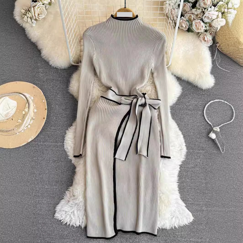 Women's Clothing Contrast Color Long Sleeve Stand Collar Waist Slimming Medium And Long Lace Up Hip Bottoming Knitted Dress_voghion.com