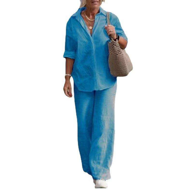 Ensemble deux pièces en coton et lin pour femme, chemise à manches longues et revers, pantalon décontracté uni pour le printemps et l'automne, tailleur à jambes larges_voghion.com