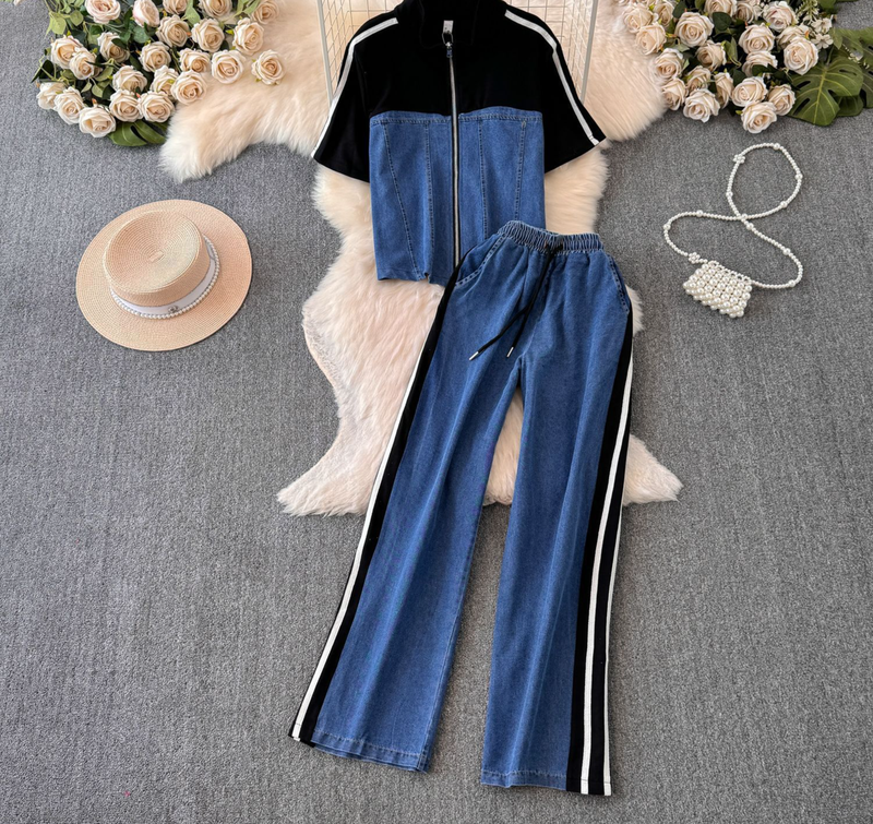 Damenbekleidung Lässiger Jeansanzug Altersreduzierender Streetstyle Modischer Sport-Zweiteiler_voghion.com