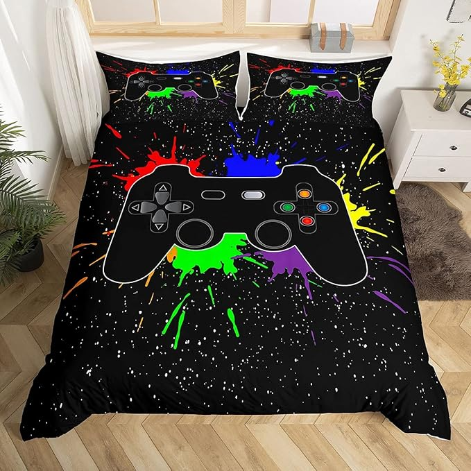 Set copripiumino singolo per letto da gioco, per bambini, con motivo Gamepad, con cerniera morbida, 3 pezzi, copripiumini e federe._voghion.com