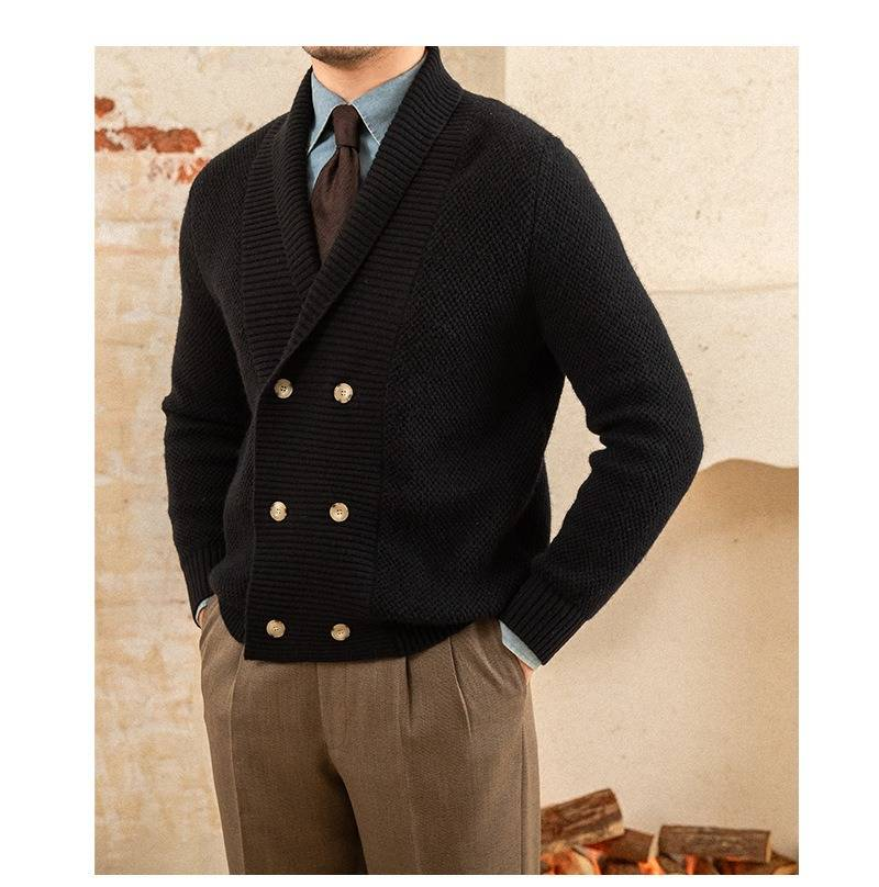 Men’s Oversized Shawl Collar Cardigan | Cozy Knit Sweater For Winter (M-3XL, Beige & Black)_voghion.com