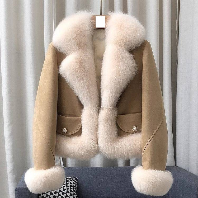 Women's Faux Fox Fur Short Coat - Elegant Style Jacket With Faux Suede Trim, Slim Fit, Winter Warm Outerwear (Blue, Pink, Beige, Camel)_voghion.com