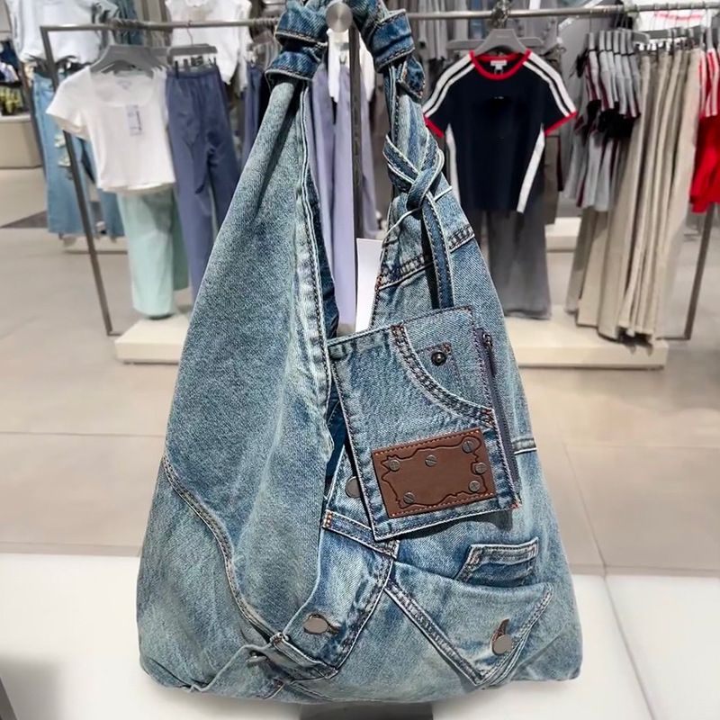 Borsa a tracolla leggera multifunzionale in denim lavato per pendolari, stile pigro, alla moda, versatile_voghion.com