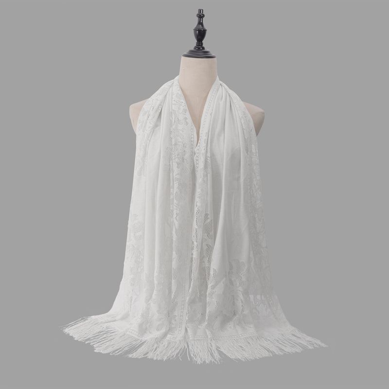 Malaysian Long Scarf Shawl - Solid Color Lace Hijab With Hollow Tassel (Silk Blend, Summer Wear, Women's Fashion)_voghion.com