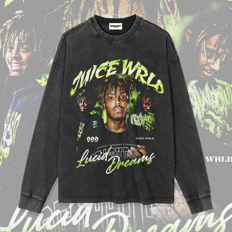 T-shirt à manches courtes et longues, imprimé rap américain Juice Wrld, hip-hop street, délavé, tendance_voghion.com