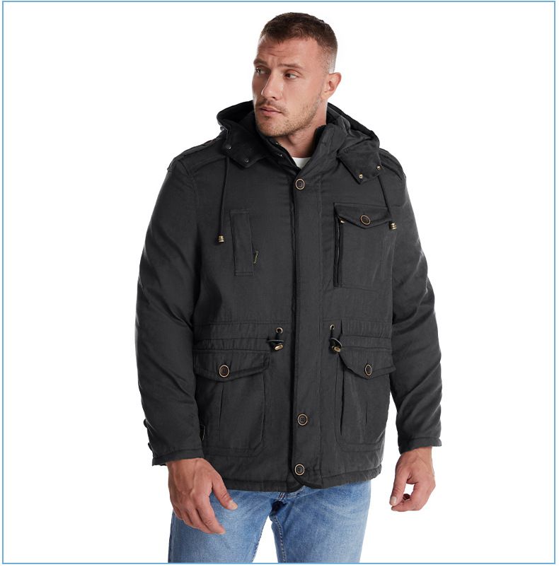 Men's Plus Size Shearling Hooded Cotton Jacket Thickened Multi-Pocket Cotton Top Casual Mid-Length Coat_voghion.com