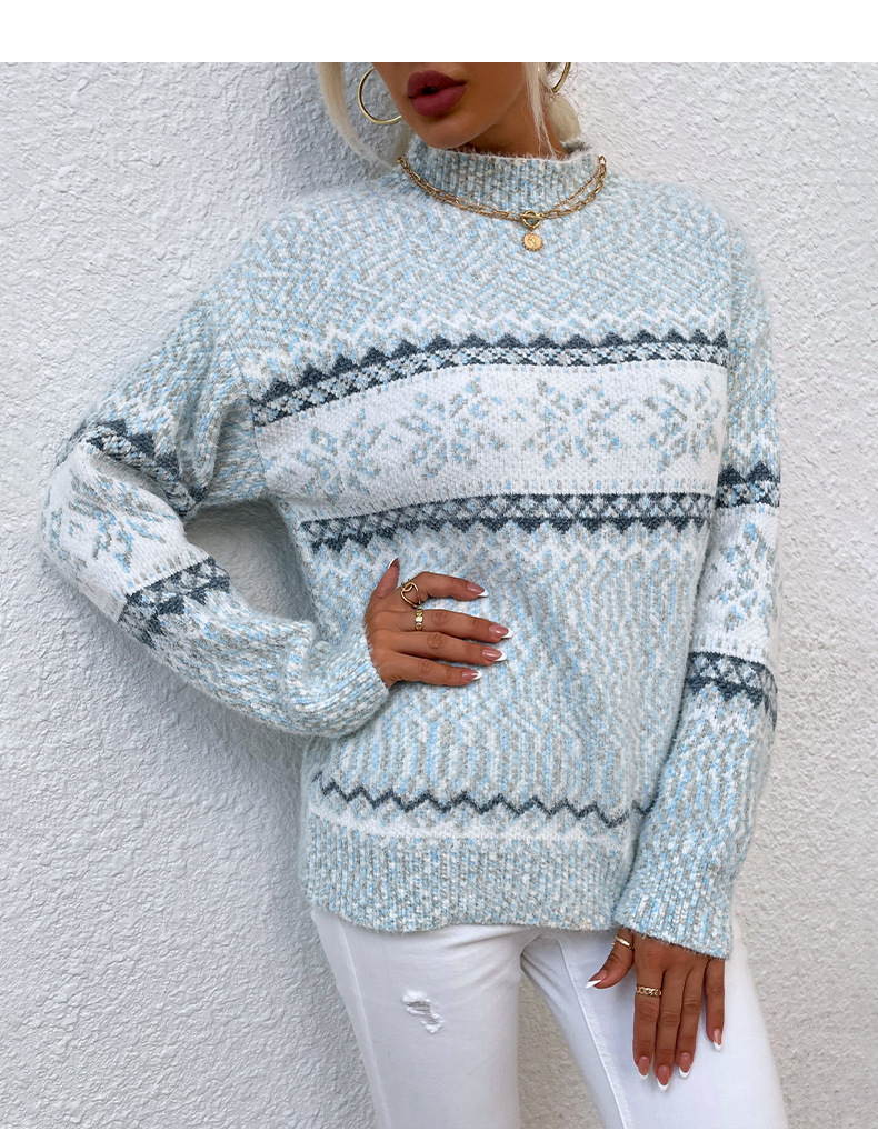 Pull de noël automne et hiver, demi-col roulé, pull flocon de neige pour femmes_voghion.com