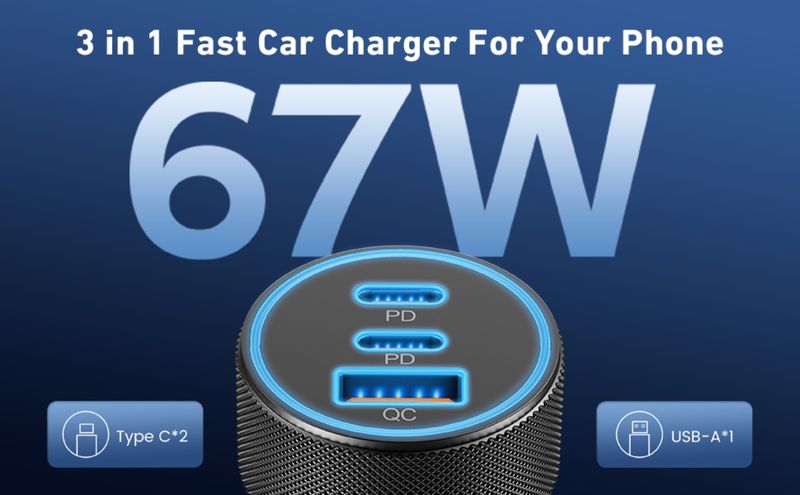 67W 3 portlu Ultra hızlı Tip C Araç Şarj Cihazı USB C Samsung Galaxy S25 S24 S23 S22 S21 Ultra A54 A53 A15, iPhone 16/15 Pro Max, Android, PD/QC Araç Adaptörü_voghion.com