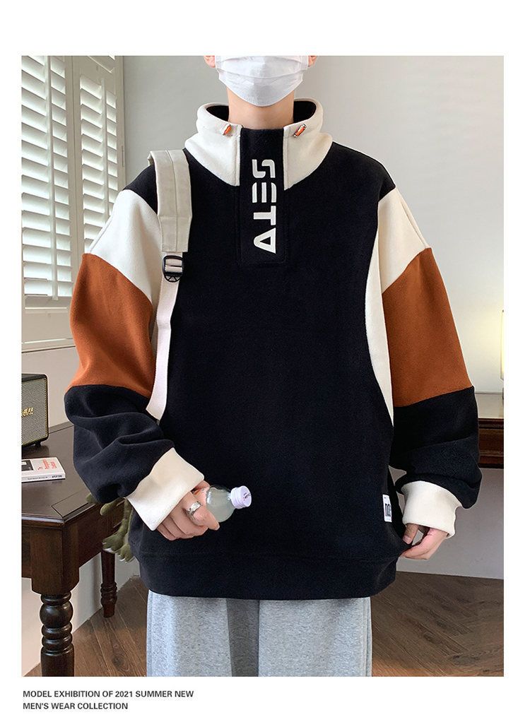 Herbst- und Winter-Kapuzenpullover mit farbigem Kragen für junge Männer plus dicker, langärmliger Fleece-T-Shirt-Basis_voghion.com