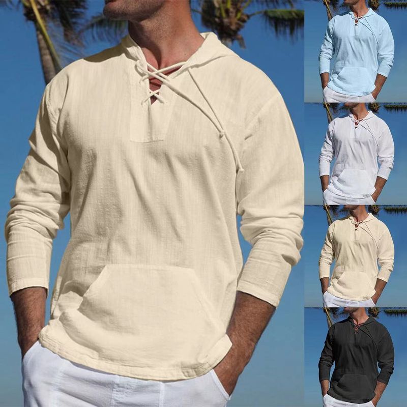 Maglietta da spiaggia versatile alla moda, sportiva e per il tempo libero, a maniche lunghe, con cappuccio, in lino e cotone, alla moda_voghion.com