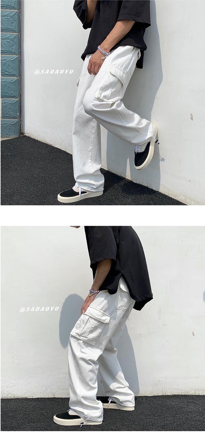 Herren Baumwolle Weiße Cargohose Lose Multi-Pocket Funktioneller Stil Elastische Lässige Arbeitshose Straßenhose Männlich_voghion.com