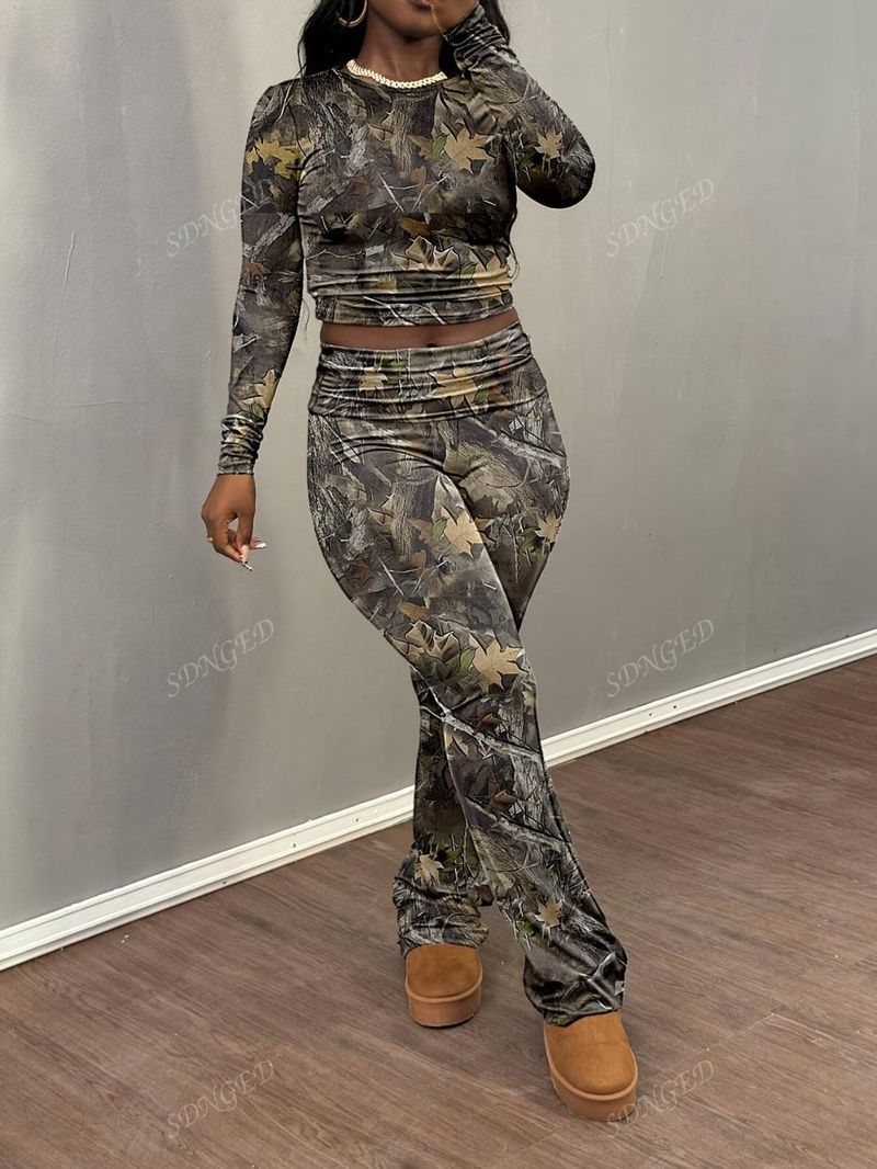 Survêtement Streetwear imprimé arbre – Ensemble t-shirt à manches longues et pantalon taille haute (XS-XL, polyester, soie, effet vieilli)_voghion.com