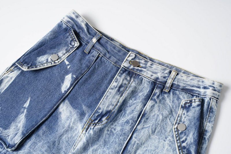 Calças de trabalho com bolsos grandes e design tie-dye americano para homens e mulheres, jeans de hip-hop de perna larga e corte solto_voghion.com