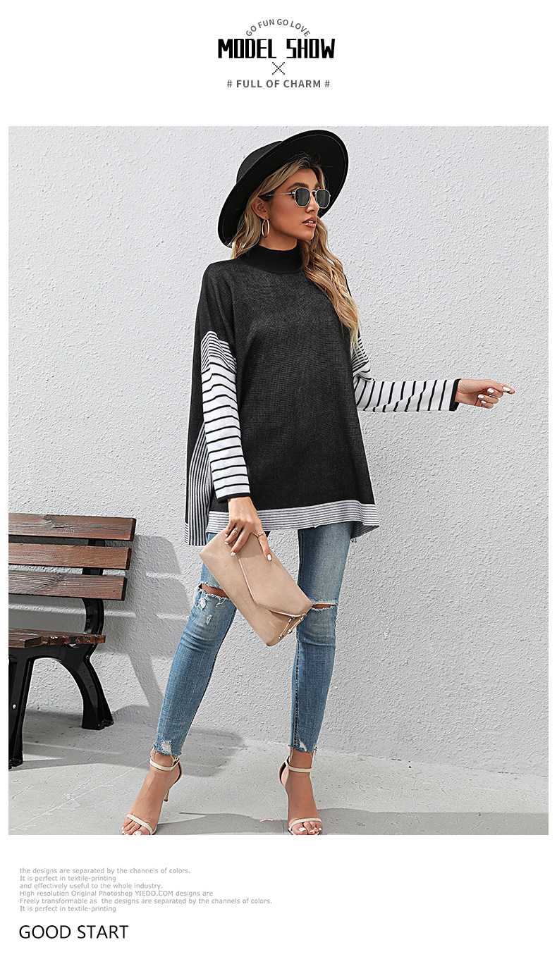 Langärmliger gestreifter Halbrollkragenpullover für Damen_voghion.com