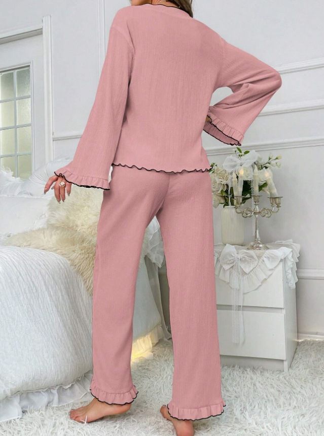 V-neck Lace-up Dense Edge Cardigan Long Sleeve Pants Set Pajamas Loungewear_voghion.com